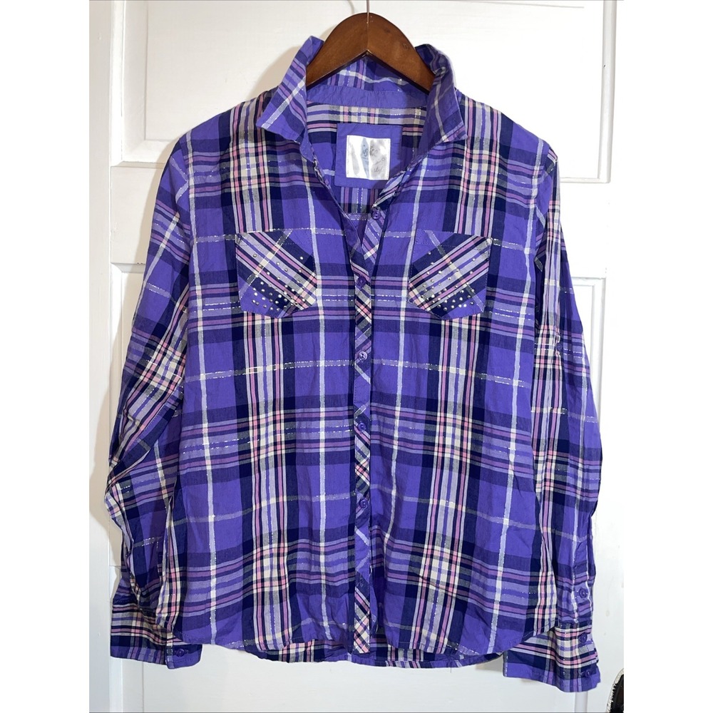 Justice button up shirt purple‎ and pink plaid with Y2K embellishment Juniors 18
